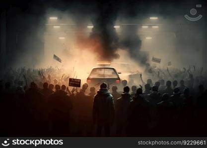 The crowd riots in the street, protests. burning city. Neural network AI generated art. The crowd riots in the street, protests. burning city. Neural network generated art