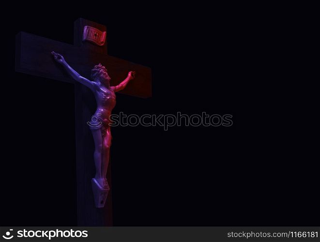 The crucifixion from a tree Jesus&rsquo;s gilt figure.neon futuristic light clipping path include