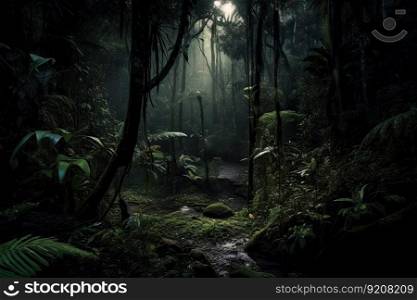 the dark rainforest at night, with only the glow of the moon shining through, created with generative ai. the dark rainforest at night, with only the glow of the moon shining through