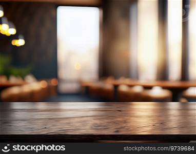  The dark wood table in the cafe with a blurred background with copy space