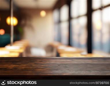  The dark wood table in the cafe with a blurred background with copy space