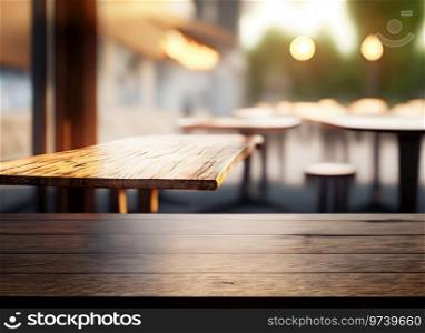 The dark wood table in the out door cafe with a blurred background with copy space