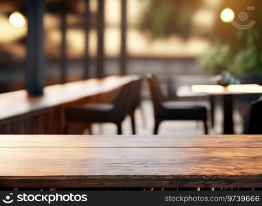 The dark wood table in the out door cafe with a blurred background with copy space