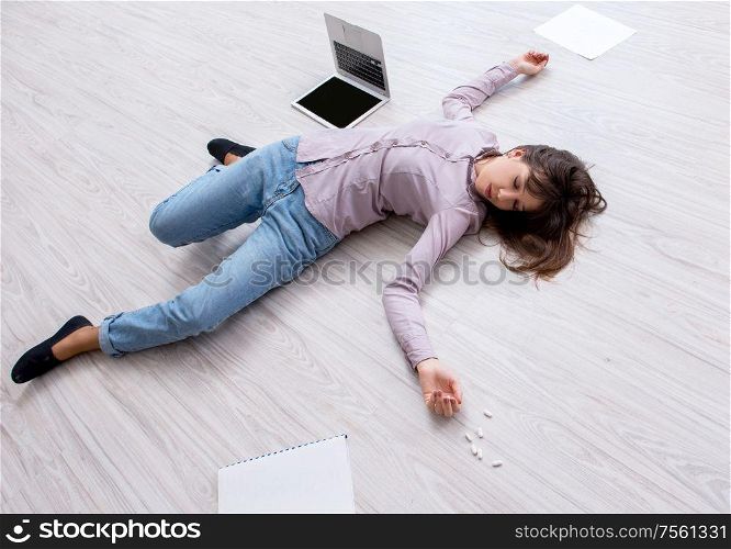 The dead woman on the floor after commiting suicide. Dead woman on the floor after commiting suicide