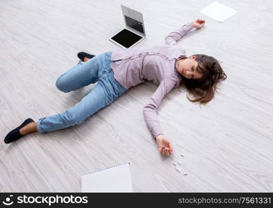 The dead woman on the floor after commiting suicide. Dead woman on the floor after commiting suicide