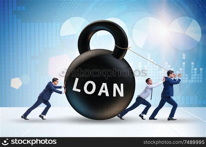 The debt and loan concept with businessman pulling kettlebell. Debt and loan concept with businessman pulling kettlebell