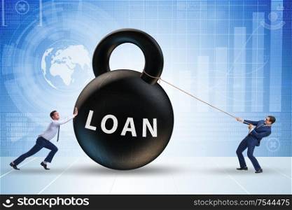 The debt and loan concept with businessman pulling kettlebell. Debt and loan concept with businessman pulling kettlebell