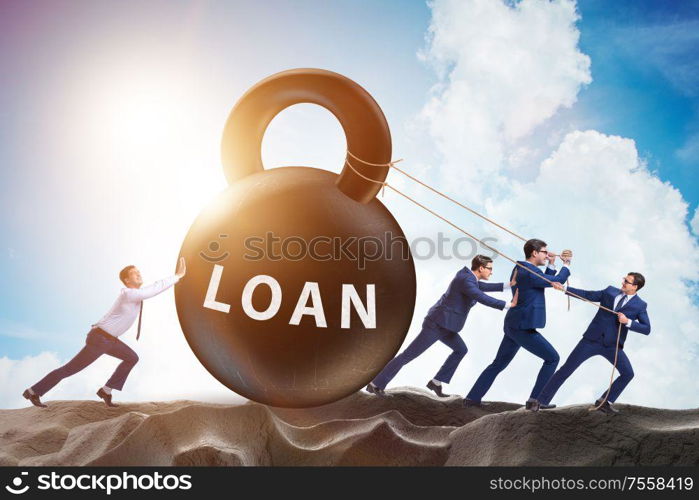 The debt and loan concept with businessman pulling kettlebell. Debt and loan concept with businessman pulling kettlebell