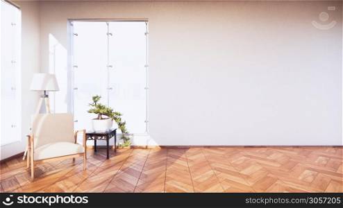The decoration of the room in Japanese style combined with modern style.with armchair and plants decoration.3D rendering