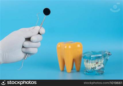 The dentist holds a mounted mirror to show the patient&rsquo;s dental examination.