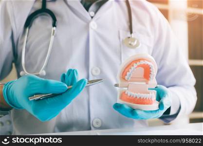The dentist holds the pen and pointing to the denture.