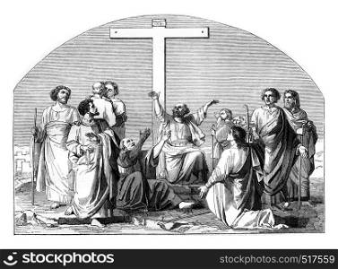 The Departure of the Apostles, vintage engraved illustration. Magasin Pittoresque 1845.