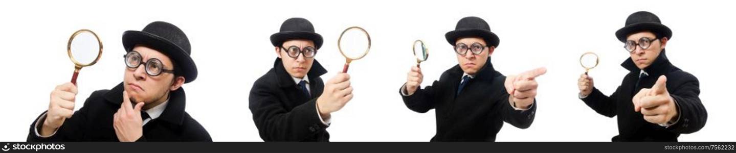 The detective with magnifying glass isolated on white. Detective with magnifying glass isolated on white