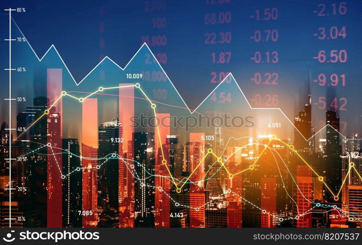 The digital indicators and declining graphs of a stock market crash overlap the backdrop of a modernistic city. Concept of a market crash in double exposure.. Declining graphs of a stock market crash overlap modernistic city.