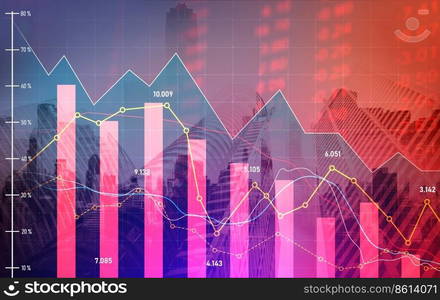 The digital indicators and declining graphs of a stock market crash overlap the backdrop of a modernistic city. Concept of a market crash in double exposure.. Declining graphs of a stock market crash overlap modernistic city.