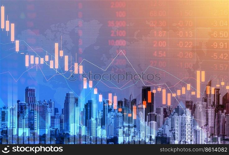 The digital indicators and declining graphs of a stock market crash overlap the backdrop of a modernistic city. Concept of a market crash in double exposure.. Declining graphs of a stock market crash overlap modernistic city.