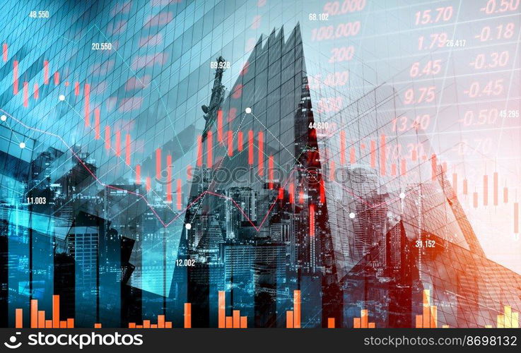 The digital indicators and declining graphs of a stock market crash overlap the backdrop of a modernistic city. Concept of a market crash in double exposure.. Declining graphs of a stock market crash overlap modernistic city.