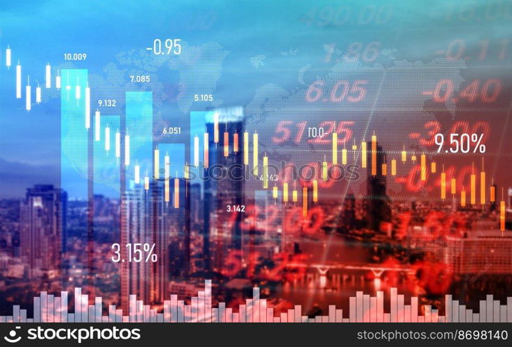 The digital indicators and declining graphs of a stock market crash overlap the backdrop of a modernistic city. Concept of a market crash in double exposure.. Declining graphs of a stock market crash overlap modernistic city.