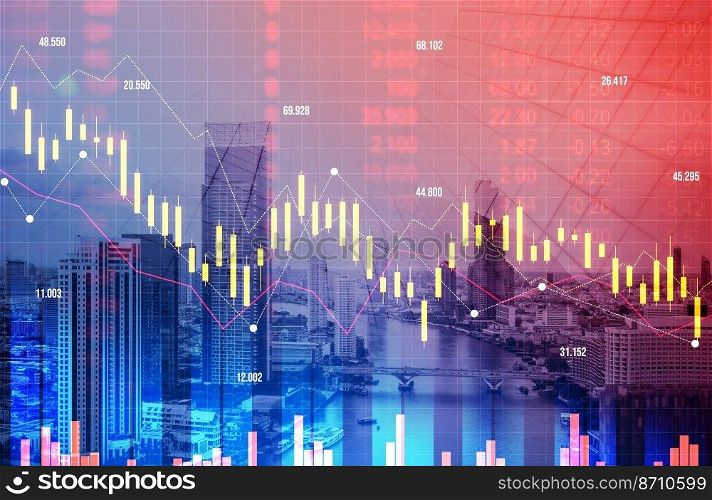 The digital indicators and declining graphs of a stock market crash overlap the backdrop of a modernistic city. Concept of a market crash in double exposure.. Declining graphs of a stock market crash overlap modernistic city.