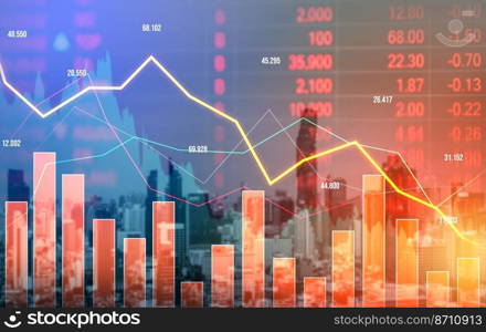 The digital indicators and declining graphs of a stock market crash overlap the backdrop of a modernistic city. Concept of a market crash in double exposure.. Declining graphs of a stock market crash overlap modernistic city.