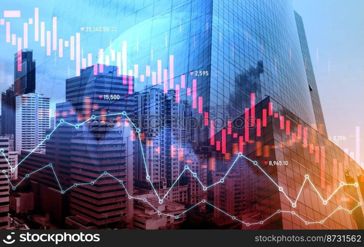 The digital indicators and declining graphs of a stock market crash overlap the backdrop of a modernistic city. Concept of a market crash in double exposure.. Declining graphs of a stock market crash overlap modernistic city.