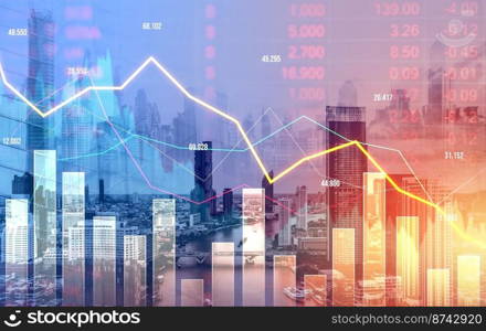 The digital indicators and declining graphs of a stock market crash overlap the backdrop of a modernistic city. Concept of a market crash in double exposure.. Declining graphs of a stock market crash overlap modernistic city.