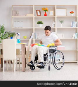 The disabled cleaner doing chores at home. Disabled cleaner doing chores at home