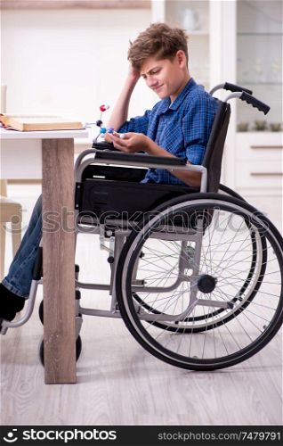 The disabled kid preparing for school at home. Disabled kid preparing for school at home