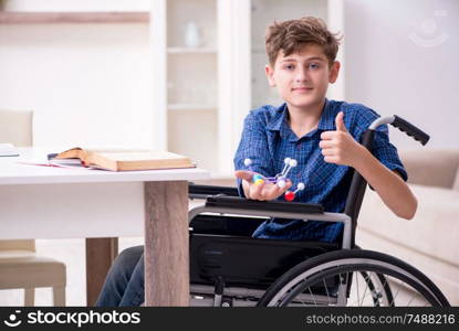 The disabled kid preparing for school at home. Disabled kid preparing for school at home