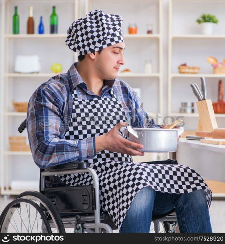 The disabled man preparing soup at kitchen. Disabled man preparing soup at kitchen