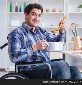 The disabled man preparing soup at kitchen. Disabled man preparing soup at kitchen
