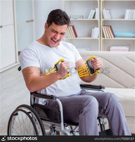 The disabled man recovering from injury at home. Disabled man recovering from injury at home