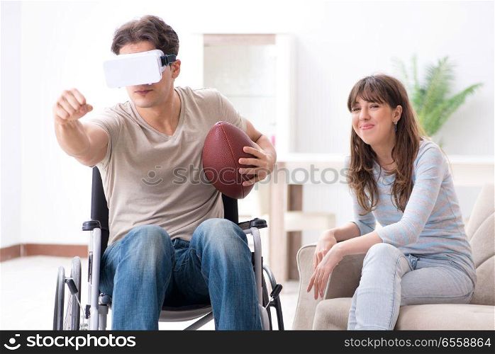 The disabled man with virtual glasses . Disabled man with virtual glasses
