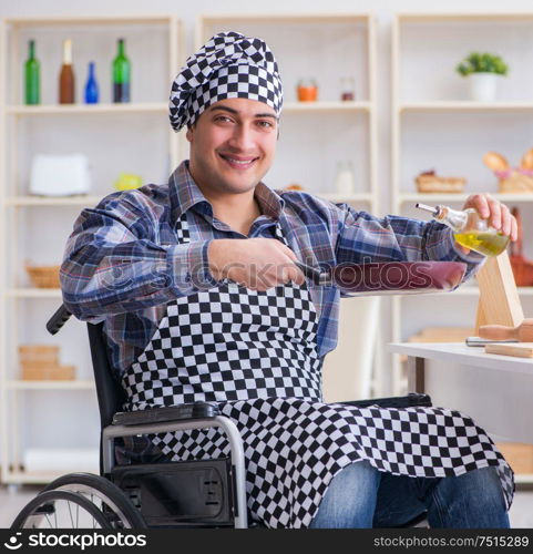 The disabled young husband frying at kitchen. Disabled young husband frying at kitchen