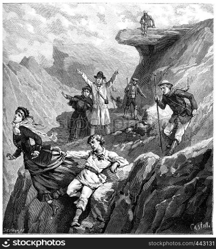 The disaster of Mount of the Cross, vintage engraved illustration. Journal des Voyage, Travel Journal, (1880-81).
