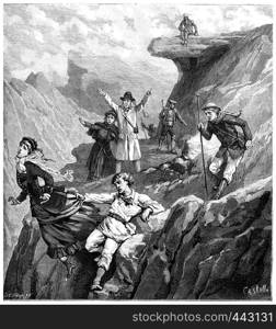 The disaster of Mount of the Cross, vintage engraved illustration. Journal des Voyage, Travel Journal, (1880-81).