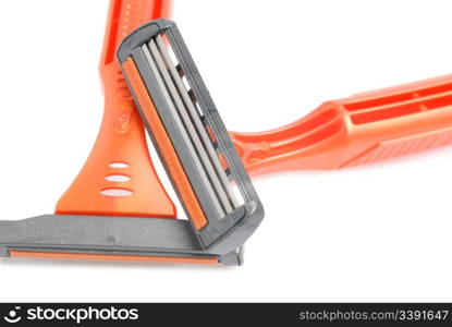 The disposable razor. The shaving machine tool isolated on a white background. The girl with a thermometer. A portrait close up