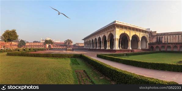 The Diwan-i-Am in the inner court of Agra Fort, India, morning panorama.. The Diwan-i-Am in the inner court of Agra Fort, India, morning panorama