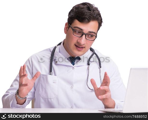 The doctor in telemediine mhealth concept on white. Doctor in telemediine mhealth concept on white