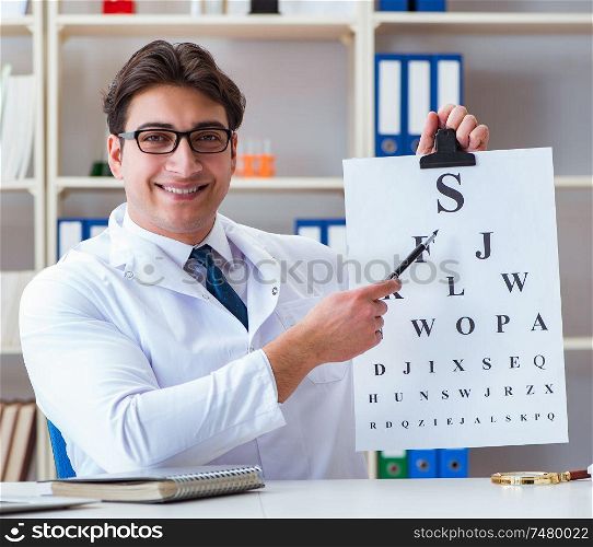 The doctor optician with letter chart conducting an eye test check. Doctor optician with letter chart conducting an eye test check