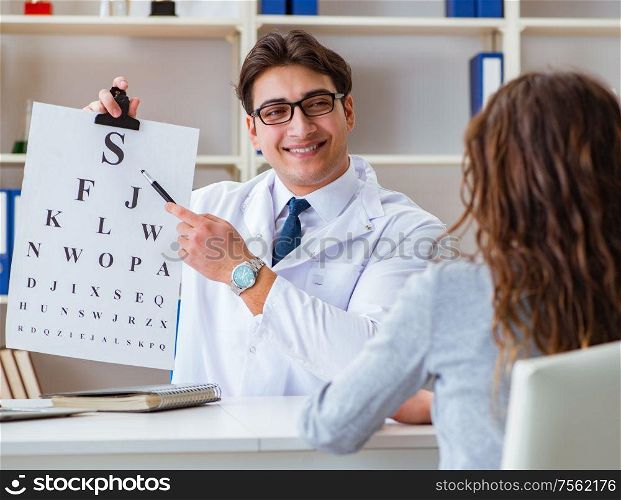 The doctor optician with letter chart conducting an eye test check. Doctor optician with letter chart conducting an eye test check