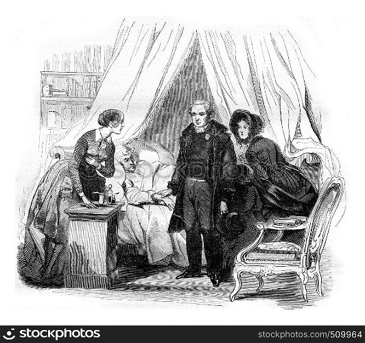 The doctor visit, vintage engraved illustration. Magasin Pittoresque 1843.