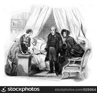 The doctor visit, vintage engraved illustration. Magasin Pittoresque 1843.