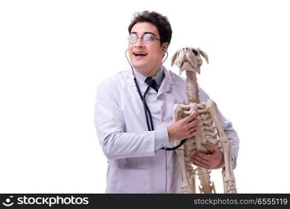 The doctor with dog skeleton isolated on white background. Doctor with dog skeleton isolated on white background
