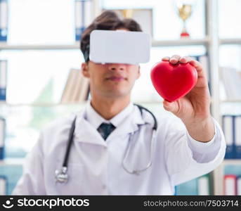 The doctor working with virtual vr reality glasses. Doctor working with virtual VR reality glasses