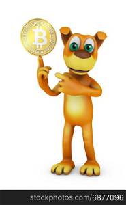 The dog holds a bitcoin coin on his finger. 3d rendering.