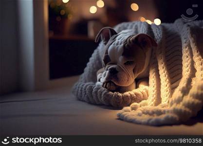 The dog lies under the blanket and sleeps. Illustration AI Generative 