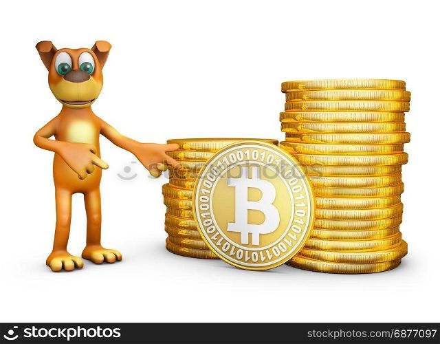 The dog points to coins of bitcoin. 3d rendering.
