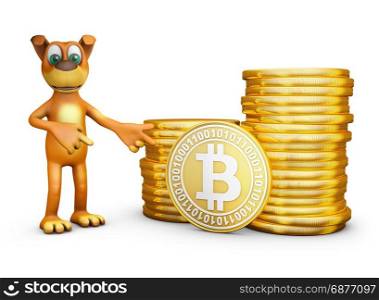 The dog points to coins of bitcoin. 3d rendering.
