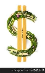 The dollar sign made of green vegetables and noodle.